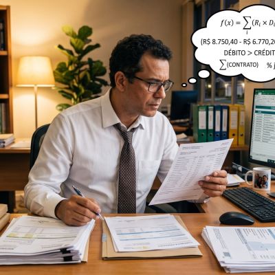 Homem em casa analisando contratos bancários físicos e holerites, comparando dados no computador com um balão de pensamento fazendo cálculos matemáticos. Ilustração para artigo sobre débitos indevidos em conta corrente.