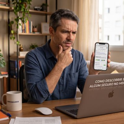 Homem com semblante de dúvida olhando para o celular na frente de um computador. Ilustração para o artigo sobre como descobrir se tem algum seguro no meu nome.