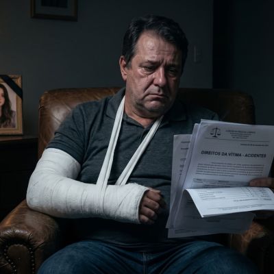 Homem com o braço engessado analisando documentos em um ambiente com clima de luto. Ilustração para o artigo sobre os direitos das vítimas de acidentes de trânsito.