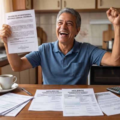 Servidor público aposentado sorrindo e comemorando vitória judicial de revisão de aposentadoria, segurando documentos, com símbolos financeiros ao redor