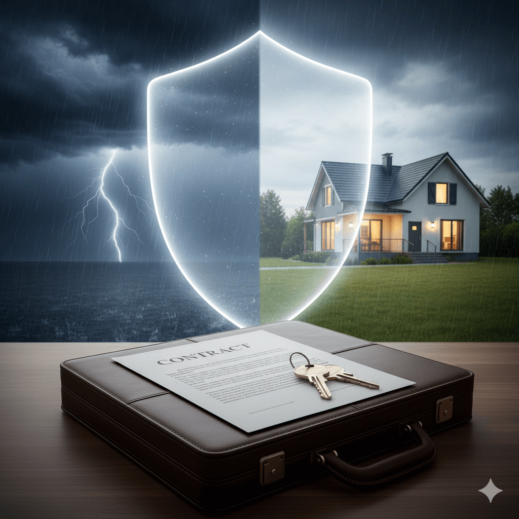 Seguro habitacional: casa protegida por escudo e guarda‑chuva, família ao lado e contrato; MIP/DFI e quitação do financiamento.