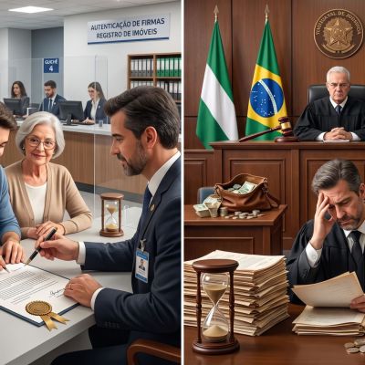 Imagem dividida ao meio comparando dois tipos de inventário. À esquerda, um ambiente claro de cartório com uma família sorridente e tranquila assinando documentos, representando a agilidade do inventário extrajudicial. À direita, um tribunal escuro com um advogado frustrado, pilhas de processos e uma família tensa, representando a lentidão e burocracia do inventário judicial.