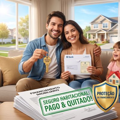 Família sorridente sentada no sofá da sala, segurando a chave da casa própria e um envelope bancário. Em primeiro plano, sobre a mesa de centro, há uma pilha de contratos de "Financiamento Imobiliário" com um grande carimbo verde dizendo "SEGURO HABITACIONAL: PAGO & QUITADO!" e um escudo dourado indicando "PROTEÇÃO DO FINANCIAMENTO".