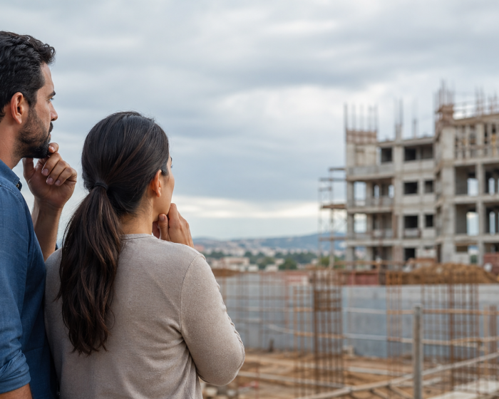 Casal preocupado observando obra de imóvel na planta atrasada