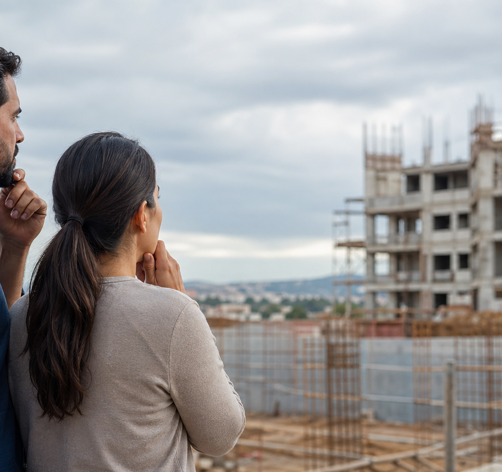 Casal preocupado observando obra de imóvel na planta atrasada