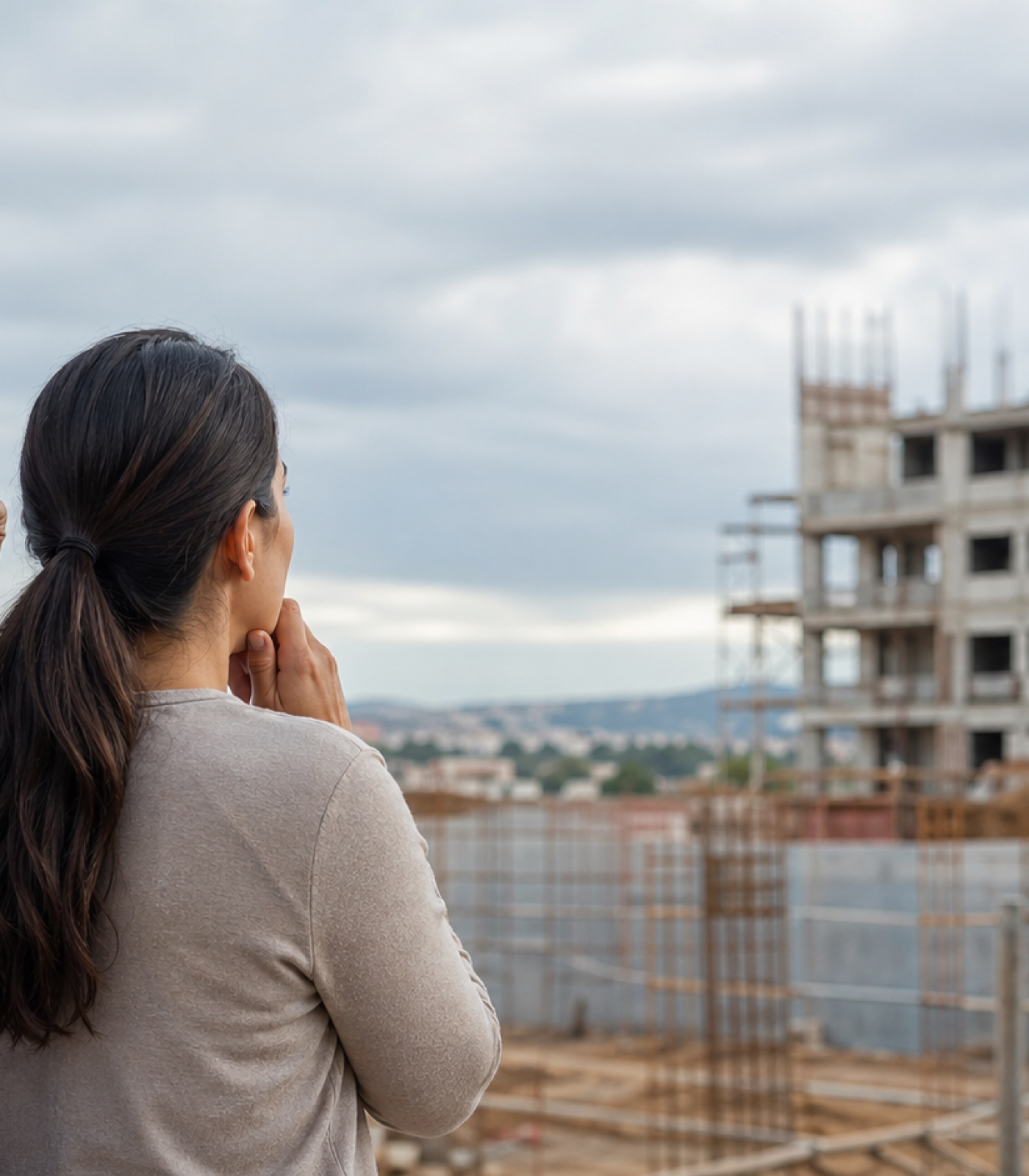 Casal preocupado observando obra de imóvel na planta atrasada