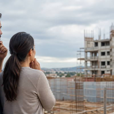 Casal preocupado observando obra de imóvel na planta atrasada