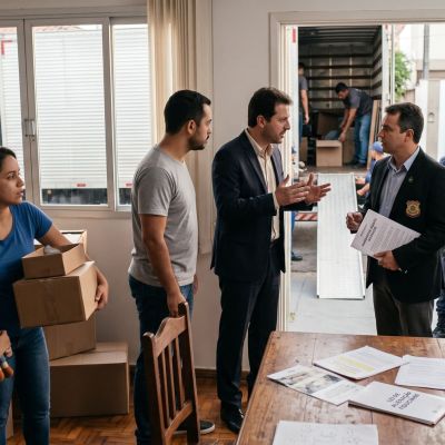 Fotografia do interior de uma casa durante uma ação de desocupação. À esquerda, uma família angustiada segura caixas de mudança. Ao centro, um advogado discute com um oficial de justiça na porta de entrada. Ao fundo, na rua, há um caminhão de mudança com carregadores e dois policiais militares acompanhando a ação. Sobre a mesa de madeira em primeiro plano, repousam documentos legais, sendo possível ler os dizeres "LEILÃO" e "ALIENAÇÃO FIDUCIÁRIA"