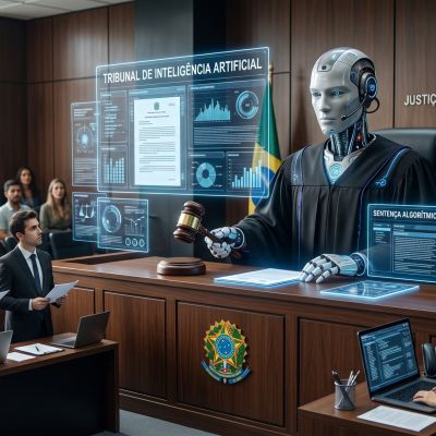 Fotografia de um tribunal moderno onde um robô humanóide veste toga de juiz e segura um malhete. Ao redor do robô, telas holográficas flutuantes exibem gráficos e os textos "TRIBUNAL DE INTELIGÊNCIA ARTIFICIAL", "ANÁLISE DE PROCESSO JUDICIAL", "SENTENÇA ALGORÍTMICA: DETALHADA" e "EVIDÊNCIAS PROCESSADAS". Na parede ao fundo, bandeiras do Brasil e um brasão com a inscrição "JUSTIÇA E ALGORITMO - BRASIL". Advogados e público assistem atentamente à cena.