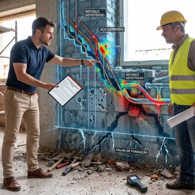 Fotografia de uma obra inacabada. Um homem segurando um tablet aponta indignado para uma parede rachada, discutindo com um engenheiro de capacete amarelo. Uma sobreposição gráfica de raio-x mostra o interior da parede com as indicações em texto: "REFORÇO DEFEITUOSO", "AÇO CORROÍDO", "FALHA DE FUNDAÇÃO", "VAZIOS E INCLUSÕES" e "VAZAMENTO DE TUBULAÇÃO"