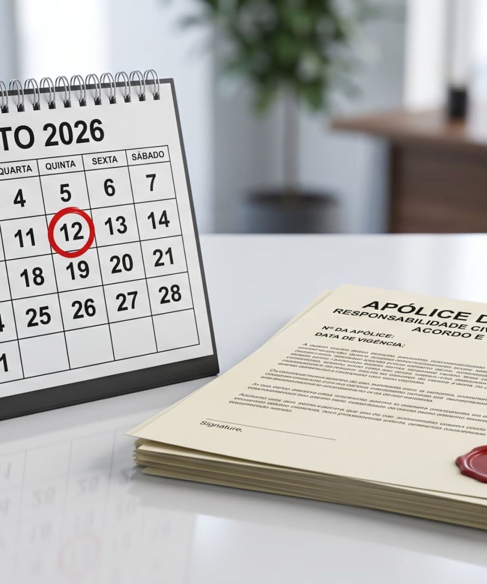 Visão aproximada de uma ampulheta sobre uma apólice de seguro e um calendário, ilustrando a contagem do prazo legal para acionar uma seguradora.