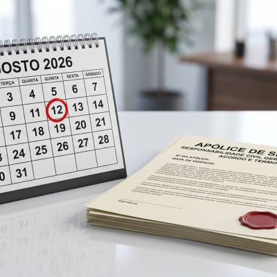 Visão aproximada de uma ampulheta sobre uma apólice de seguro e um calendário, ilustrando a contagem do prazo legal para acionar uma seguradora.