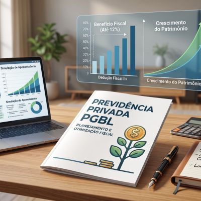 Fotografia de uma mesa de escritório em madeira. À esquerda, um notebook exibe gráficos financeiros de simulação de aposentadoria. Ao centro, uma cartilha com o título "PREVIDÊNCIA PRIVADA PGBL: PLANEJAMENTO E OTIMIZAÇÃO FISCAL" e uma ilustração de uma planta gerando moedas. Acima, gráficos flutuantes destacam "Benefício Fiscal (Até 12%)", "Dedução Fiscal IRPF" e "Crescimento do Patrimônio". À direita, um bloco de notas com os dizeres "Dedução I.R.?, Aposentadoria Complementar, Longo Prazo", uma calculadora e uma xícara de café.