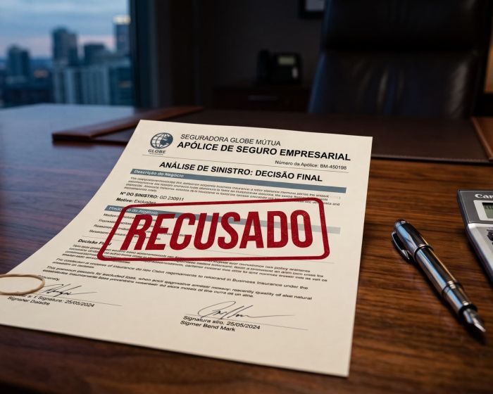 Visão de documentos financeiros e uma apólice ilustrando um seguro empresarial negado sobre a mesa.