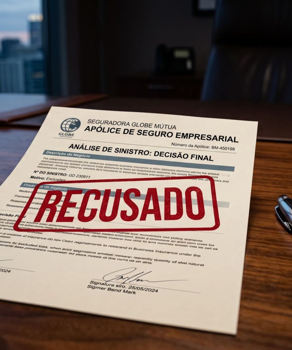 Visão de documentos financeiros e uma apólice ilustrando um seguro empresarial negado sobre a mesa.