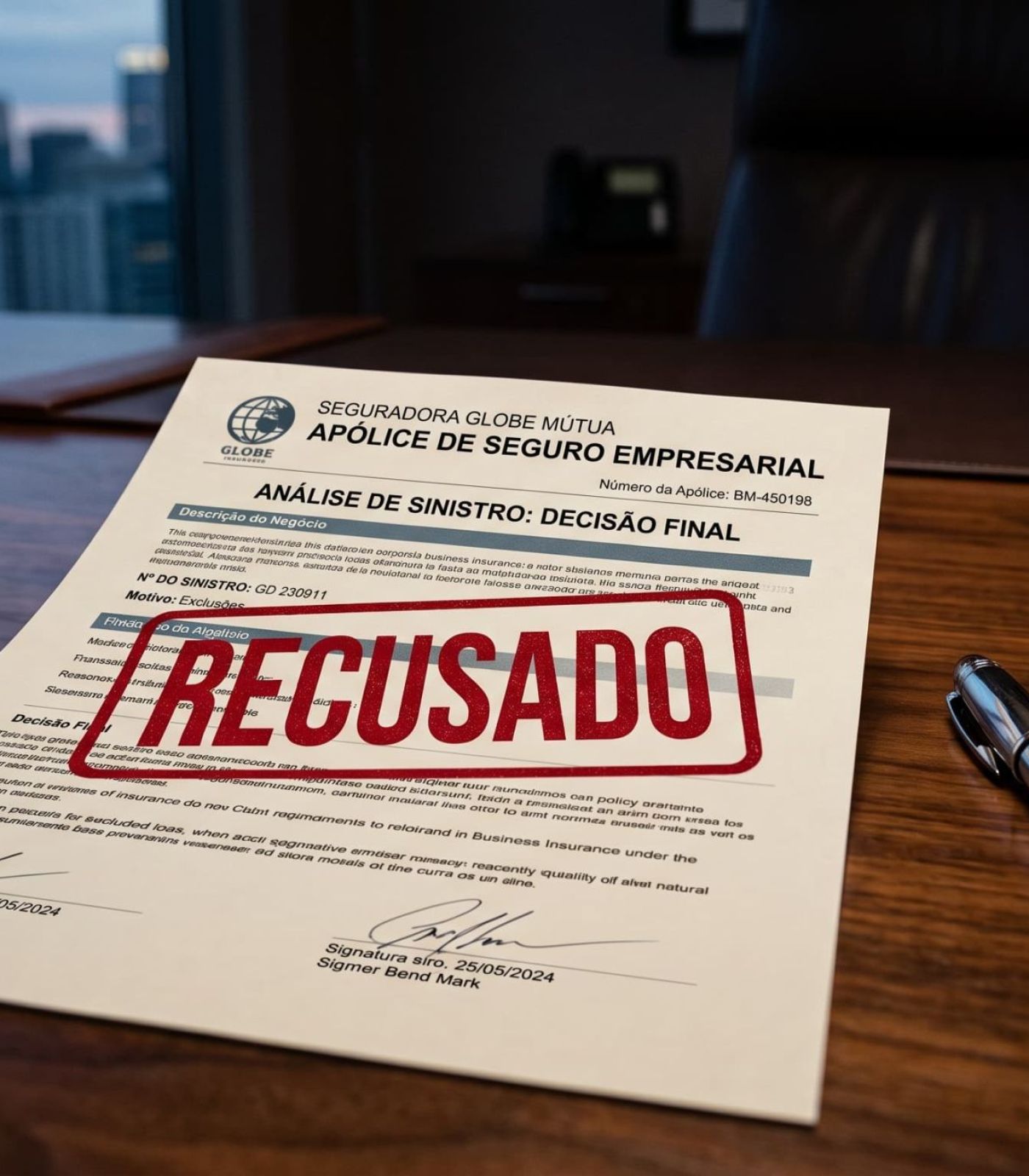 Visão de documentos financeiros e uma apólice ilustrando um seguro empresarial negado sobre a mesa.