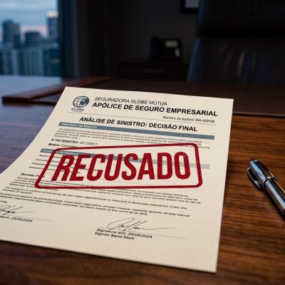 Visão de documentos financeiros e uma apólice ilustrando um seguro empresarial negado sobre a mesa.