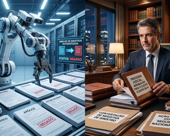 Ilustração dividida mostrando um robô automatizado negando sinistros de um lado, e de outro um advogado especialista em direito do consumidor preparando uma ação judicial para garantir a indenização do cliente.