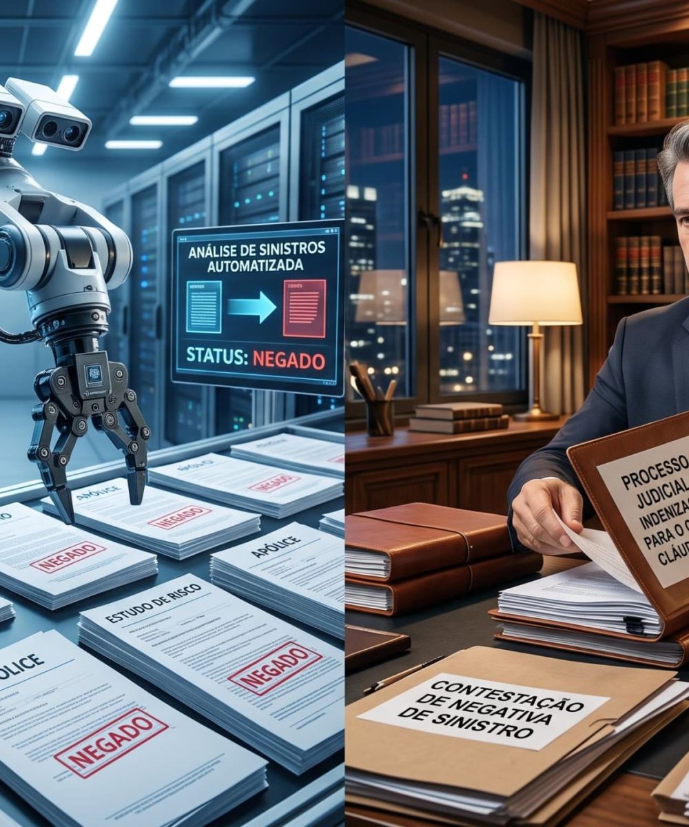 Ilustração dividida mostrando um robô automatizado negando sinistros de um lado, e de outro um advogado especialista em direito do consumidor preparando uma ação judicial para garantir a indenização do cliente.