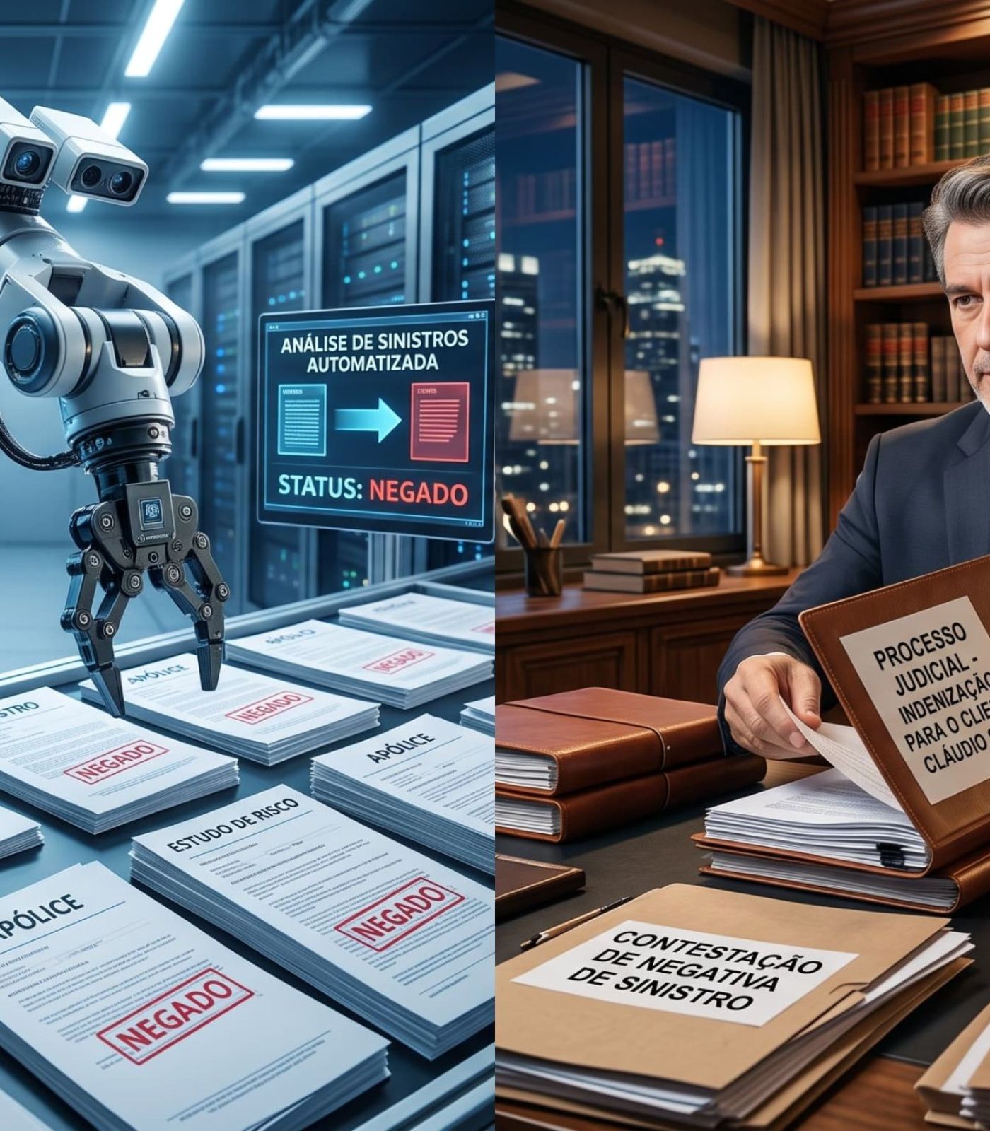 Ilustração dividida mostrando um robô automatizado negando sinistros de um lado, e de outro um advogado especialista em direito do consumidor preparando uma ação judicial para garantir a indenização do cliente.