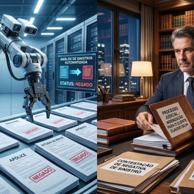 Ilustração dividida mostrando um robô automatizado negando sinistros de um lado, e de outro um advogado especialista em direito do consumidor preparando uma ação judicial para garantir a indenização do cliente.