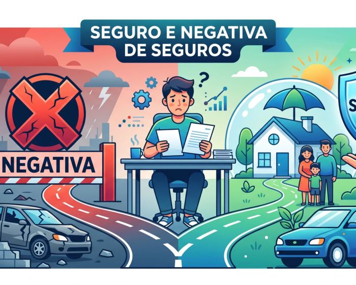 Ilustração estilizada de um ícone de polegar para baixo sobre documentos de seguro com um grande 'X' vermelho, indicando negação.