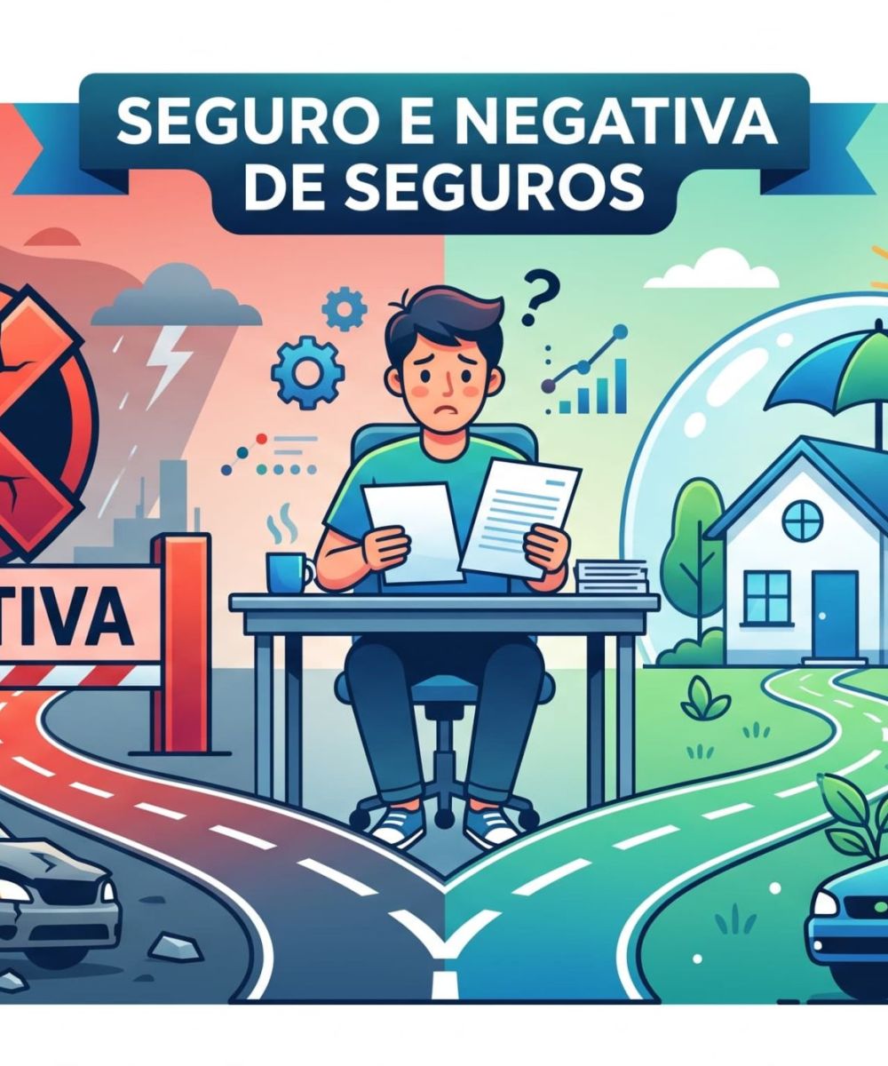 Ilustração estilizada de um ícone de polegar para baixo sobre documentos de seguro com um grande 'X' vermelho, indicando negação.