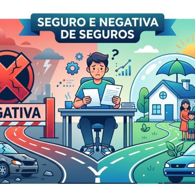Ilustração estilizada de um ícone de polegar para baixo sobre documentos de seguro com um grande 'X' vermelho, indicando negação.