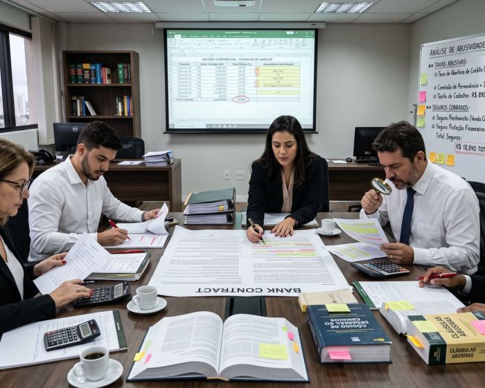 Lupa sobre contrato de financiamento destacando cláusulas para revisão de contrato bancário