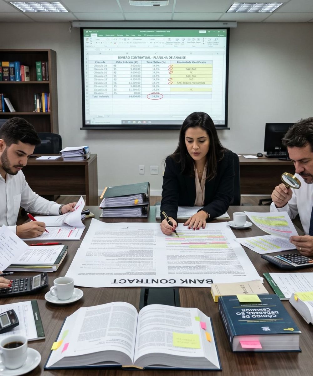 Lupa sobre contrato de financiamento destacando cláusulas para revisão de contrato bancário