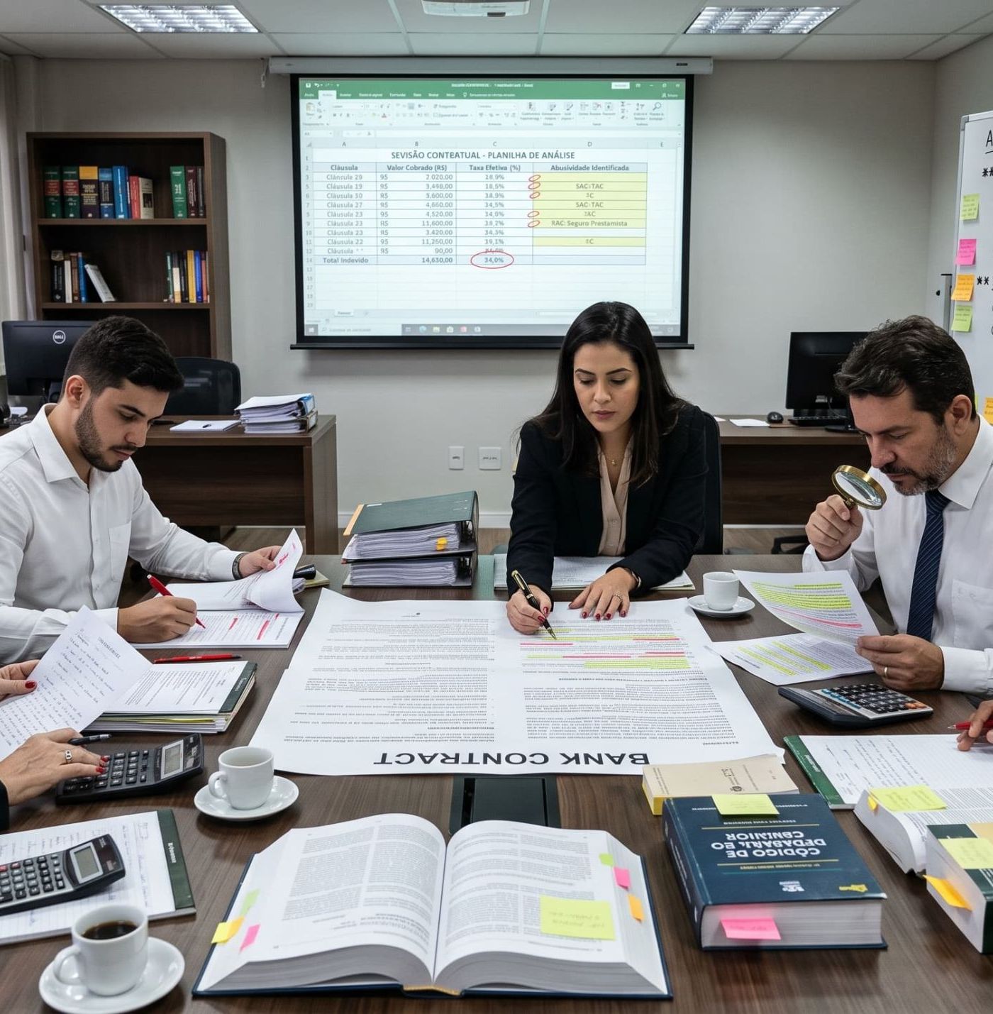 Lupa sobre contrato de financiamento destacando cláusulas para revisão de contrato bancário