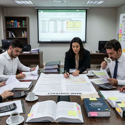 Lupa sobre contrato de financiamento destacando cláusulas para revisão de contrato bancário
