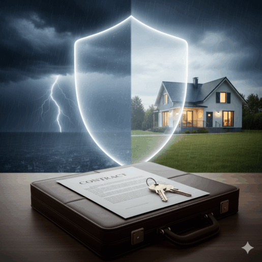 Seguro habitacional: casa protegida por escudo e guarda‑chuva, família ao lado e contrato; MIP/DFI e quitação do financiamento.