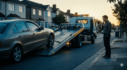 Carro sendo removido por guincho em situação de busca e apreensão de veículo financiado