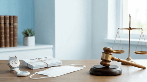 Ilustração sobre o cálculo do terço de férias da enfermagem em Campo Grande, mostrando um martelo de juiz e elementos da saúde.